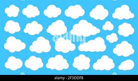 Abstrait blanc nuages plats ensemble isolé sur fond bleu ciel. Collection de symboles d'icône de nuage moelleux de différentes formes. Modèle de bulle de discours de think de dessin animé mignon. Concept de bannière Web de réseau clipart Illustration de Vecteur