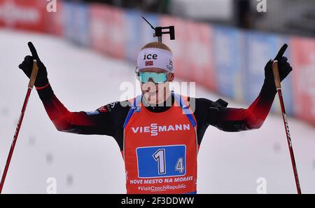 Johannes Thingnes BoE de Norvège célèbre pendant le relais mixte de la coupe du monde de biathlon à Nove Mesto na Morave, République tchèque, le 14 mars 2021. (CTK photo/Lubos Pavlicek) Banque D'Images