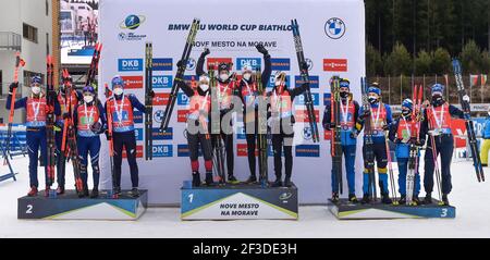 La Norvège a remporté la course de relais mixte, suivie par l'Italie et la Suède, et la Suède a remporté le relais mixte unique, devant la Norvège et les États-Unis, lors de la coupe du monde de biathlon à Nove Mesto na Morave, République tchèque, le 14 mars 2021. Relais mixte (4x6 km): 1. Norvège (Eckhoff, Roiseland, T. Bo, J. T. Bo) 1:01:24.1 (0 boucle de pénalité + 4 pièces de rechange), 2. Italie (Vittozzi, Wierer, Windisch, Hofer) -1:08.7 (0+10), 3. Suède (E. Oberg, Magnusson, Nelin, Ponsiluoma) -1:22.7 (0+10) (CTK photo/Lubos Pavlicek) Banque D'Images