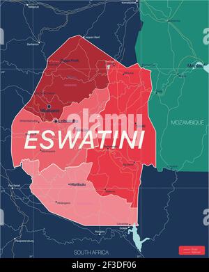 ESwatini ex Swaziland pays carte détaillée modifiable avec régions villes, routes et chemins de fer, sites géographiques. Fichier vectoriel EPS-10 Illustration de Vecteur