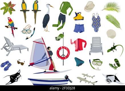 Articles d'été grand ensemble sur fond blanc. Éléments de design de la saison des fêtes. Collection tirée à la main. Vêtements de natation, aventure active, animaux et plantes tropicaux, objets de plage. Illustration vectorielle isolée. Illustration de Vecteur