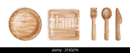 Vaisselle en bois écologique pour servir et manger des aliments, maquette, illustration vectorielle. Couverts et assiettes en bambou. Illustration de Vecteur