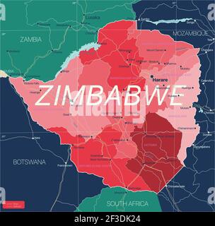 Zimbabwe carte détaillée modifiable avec régions villes, routes et chemins de fer, sites géographiques. Fichier vectoriel EPS-10 Illustration de Vecteur