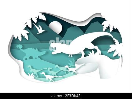 Silhouettes dino coupées en papier et paysage de la nature, illustration vectorielle. Dinosaure, animal sauvage reptile. Archéologie, histoire Illustration de Vecteur