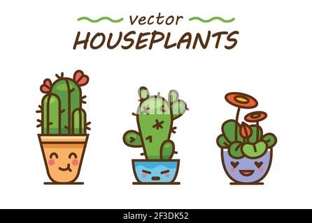 Mignon ravissant kawaii houseplants vecteur art. kawaii fait face à des pots de fleurs. Style de dessin animé. Icônes vectorielles sur fond blanc. Illustration de Vecteur