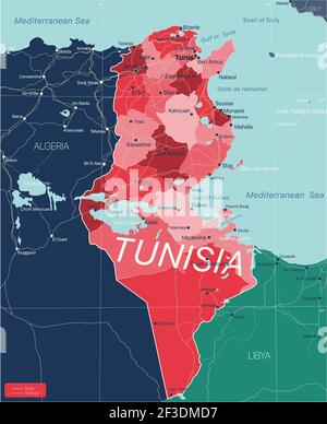 Tunisie carte détaillée modifiable avec régions villes, routes et chemins de fer, sites géographiques. Fichier vectoriel EPS-10 Illustration de Vecteur