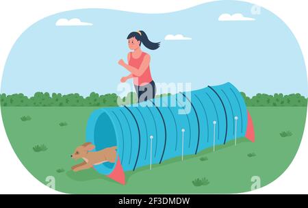 Obstacle cours pour les chiens d'entraînement 2D vecteur web bannière, poster Illustration de Vecteur