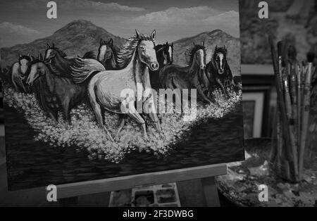 Art ,peinture ,dessin,Beaux-arts , cheval de course, Lucky, Thaïlande , noir et blanc , monochrome Banque D'Images