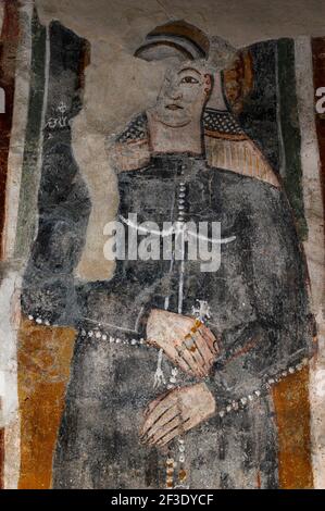 Martyr vierge chrétien primitif, Sainte Susanna de Rome. Fresque peinte à la fin des années 1300 dans l'abside nord de la Chiesa di Santa Maria del Tiglio (église Sainte-Marie du citron vert). Selon la légende médiévale, Santa Susanna a été décapité vers 295 après JC pour avoir refusé d'épouser un parent païen de l'empereur romain Dioclétien, et pour avoir converti deux de ses fonctionnaires au christianisme. Banque D'Images