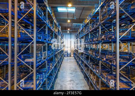 Allée entre les rayonnages professionnels dans l'entrepôt logistique. Profils verticaux reliés par des étagères horizontales bleues pour le stockage des boîtes. Banque D'Images