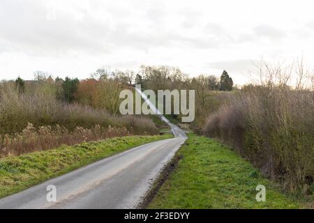 Route de campagne britannique dans la campagne avec haies et herbe de chaque côté, montrant une longue route avec une pente décente et puis monter dans la distance. Banque D'Images