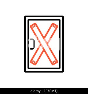 Icône vectorielle de porte intégrée, installation de cartes sur la porte pour empêcher tout accès non autorisé, ou abandonnée. Manifestation, manifestation, grève, révolution Illustration de Vecteur