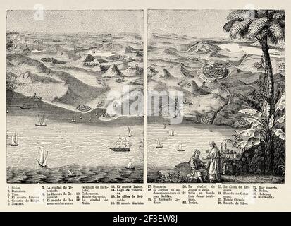 Ancienne carte d'Israël. Carte de la Terre Sainte. Ancienne illustration gravée du XIXe siècle de l'Histoire de la Bible 1883 Banque D'Images
