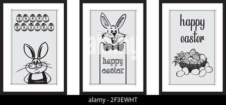 Trois différents design affiche minimaliste pour joyeuses pâques dans le cadre noir avec oeufs, nid, typographie - vecteur Illustration de Vecteur