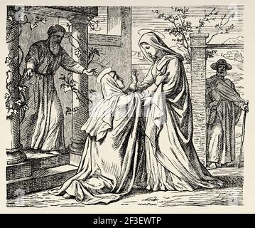 La Visitation. La Bienheureuse Vierge Marie visite son parent Isabel. Luke livre, Nouveau Testament, ancien 19e siècle illustration gravée de l'Histoire de la Bible 1883 Banque D'Images