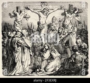 La Crucifixion du Christ. Jésus crucifié accroché à la croix avec deux criminels, Luc 23. Nouveau Testament, ancien XIXe siècle illustration gravée de l'Histoire de la Bible 1883 Banque D'Images