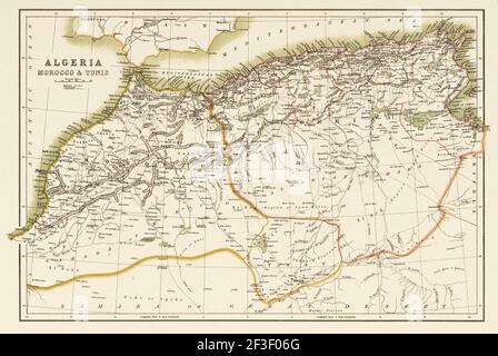 Lithographie ancienne couleur. Carte de l'Afrique du Nord-Ouest avec Algérie, Maroc et Tunis. Carte de l'Afrique du Nord en français. Territoires d'Afrique du Nord contrôlés par la France pendant l'ère coloniale. Par J Bartholomew 1898 Banque D'Images