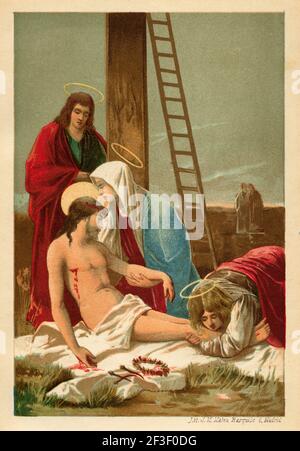 Jésus est descendu de la croix. Ancienne lithographie de couleur du XIXe siècle illustration de Jésus Christ par Veuillot 1890 Banque D'Images