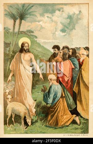 Saint Pierre déclare que Jésus est le Messie. Jésus donne les clés du royaume de la houe à saint Pierre, Matthieu 16. Nouveau Testament. Ancienne lithographie de couleur du XIXe siècle illustration de Jésus Christ par Veuillot 1890 Banque D'Images