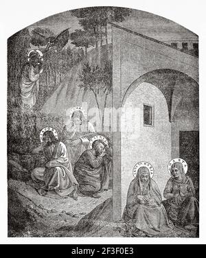 Agonie dans le jardin. Notre Seigneur Jésus prie à Getsemani sur le Mont des oliviers. Matthew livre, Nouveau Testament. Ancienne illustration gravée du XIXe siècle de Jésus-Christ par Veuillot 1890 Banque D'Images