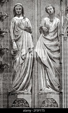 Les vierges stupides de l'Evangile. Sculpture du XIIe siècle dans la cathédrale de Strasbourg. Alsace, France. Ancienne illustration gravée du XIXe siècle de Jésus-Christ par Veuillot 1890 Banque D'Images