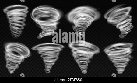 Entonnoir Tornado réaliste. Tempête de vent, tourbillon de tornade et spirale de vortex rond. Jeu d'illustrations vectorielles éléments météo tourbillonnants Illustration de Vecteur