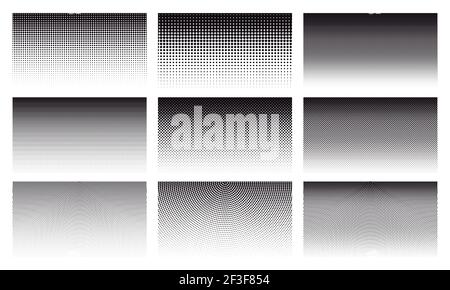 Motifs en pointillés de demi-teinte de dégradé. Les points demi-tons abstraits dégradés de motifs horizontaux. Jeu d'illustrations d'arrière-plan de dégradé de texture de pulvérisation de points Illustration de Vecteur