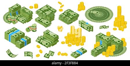 Liquidités en dollars isomériques. Des piles de billets et de pièces d'or en dollars verts, un paquet de pièces en dollars d'or. Jeu d'illustrations vectorielles de billets en papier en espèces Illustration de Vecteur