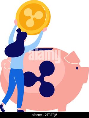 La fille remplit sa banque de pigey avec des pièces de monnaie Ripple. Système d'accumulation de crypto-monnaies. Illustration vectorielle de la monnaie numérique dans un style plat. Investissements alternatifs. XRP Illustration de Vecteur