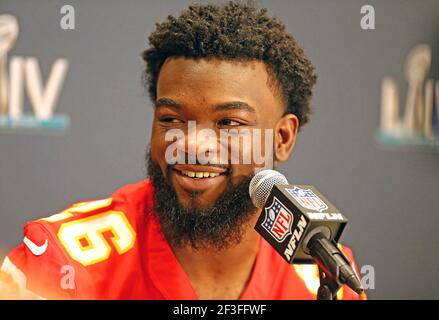 Aventura, États-Unis. 28 janvier 2020. Les chefs de Kansas City ramastent Damien Williams lors d'une conférence de presse tandis que les chefs se préparent à jouer les 49ers de San Francisco dans Super Bowl LIV, le 28 janvier 2020, à Aventura, Floride. Williams a décidé de ne pas participer à la saison 2020 de la NFL. (Photo de Charles Trainor Jr./Miami Herald/TNS/Sipa USA) crédit: SIPA USA/Alay Live News Banque D'Images