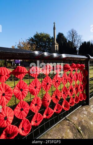 Des coquelicots en crochet ou en laine tricotée décorent la clôture de Kelso, en Écosse, les jardins du mémorial de guerre pour le jour de l'armistice Banque D'Images