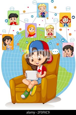 Fille utilise une tablette pour discuter avec des amis illustration Illustration de Vecteur