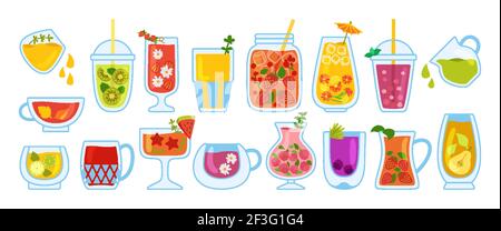 Cocktails hawaïens, verre d'été, tasse, bocal, et jus de verre ensemble de dessin animé. Limonade et thé aux fraises tropicales, menu de tasse de smoothie frais orange. Verres dessinés à la main. Illustration vectorielle Illustration de Vecteur
