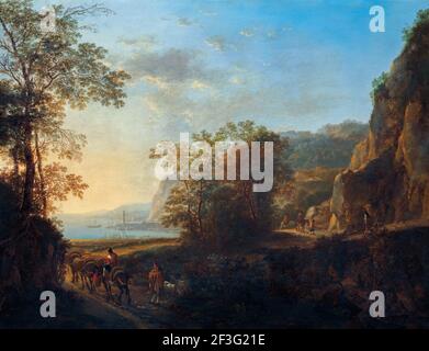 Paysage italien avec un port au loin. Un homme avec des mules chargées se déplace le long d'une route, quelques randonneurs et cavaliers sur la droite. Banque D'Images