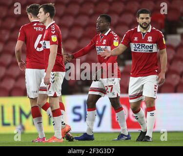 MIDDLESBROUGH, ANGLETERRE. 16 MARS : Marc Bola, DAEL Fry, Paddy McNair et Sam Morsy célèbrent après l'histoire de Preston North End sur le ballon dans son propre filet pour leur donner une avance de 1-0 lors du match de championnat Sky Bet entre Middlesbrough et Preston North End au stade Riverside, Middlesbrough le mardi 16 mars 2021. (Credit: Mark Fletcher | MI News) Credit: MI News & Sport /Alay Live News Banque D'Images