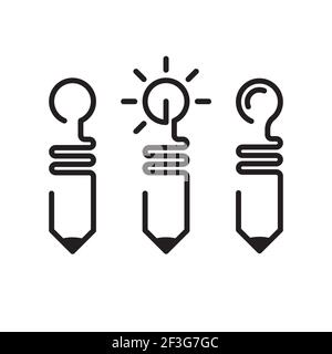 Icône de crayon et d'ampoule isolée sur fond blanc. Jeu de symboles d'idée. Style minimal de l'icône de ligne. Illustration d'une ligne. Jeu de vecteurs noir et blanc Illustration de Vecteur
