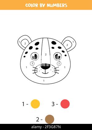 Page de coloriage avec un joli visage léopard. Couleur par nombres. Jeu de mathématiques pour enfants. Illustration de Vecteur