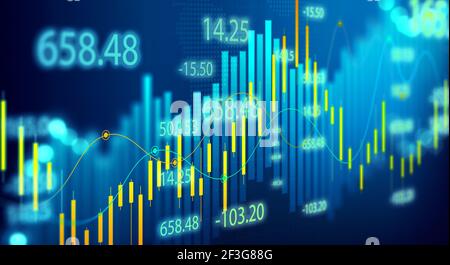 Illustration des graphiques et diagrammes de Forex affichage boursier à bord. Investissement et négociation sur le marché boursier. Banque D'Images