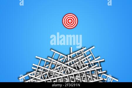 Illustration commerciale conceptuelle des ladders et du symbole de cible sur fond bleu. Personne ne pense hors de la boîte. Beaucoup d'échelle en compétition Banque D'Images