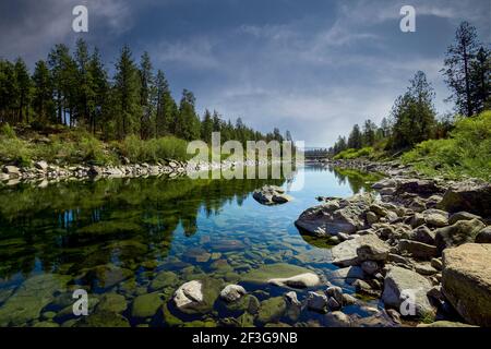 Rivière calme avec eau transparente coulant près des conifères verts contre le ciel bleu nuageux dans la campagne Banque D'Images