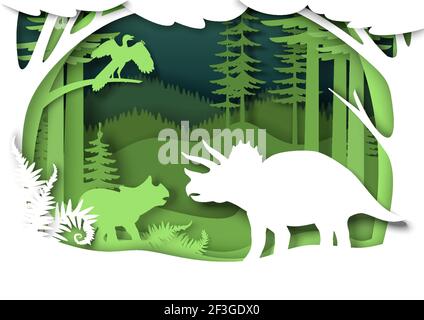 Silhouettes dino coupées en papier et paysage de la nature, illustration vectorielle. Dinosaure, animal sauvage reptile. Archéologie, histoire Illustration de Vecteur