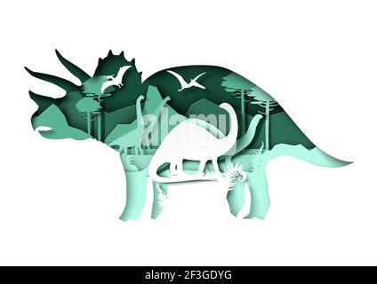 Silhouettes dino coupées en papier et paysage de la nature, illustration vectorielle. Dinosaure, animal sauvage reptile. Archéologie, histoire Illustration de Vecteur