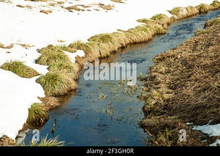 Rivière au début du printemps sur la rive de la neige. La neige fond avec l'arrivée de chaleur près des rives de la rivière. Au printemps, la glace descend Banque D'Images