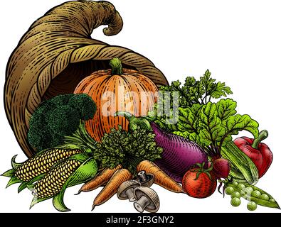 Cornucopia Horn produire des légumes Woodgcut d'époque Illustration de Vecteur