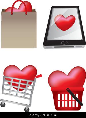 Illustration vectorielle des icônes de coeur dans différents scénarios d'achat pour représenter l'amour de la thérapie de vente au détail. Illustration de Vecteur