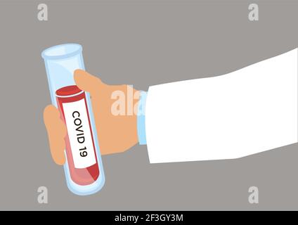 Tubes à essai pour échantillons de sang dans la main du testeur. Échantillon de sang pour test COVID-19. Illustration vectorielle Illustration de Vecteur