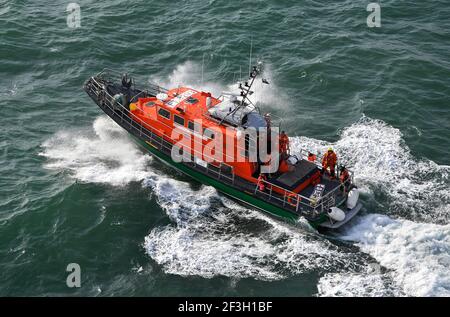 Le Touquet (nord de la France) : vue aérienne d'un hors-bord appartenant à la SNSM, organisation volontaire française dont la tâche est de sauver des vies en mer. Bateau à Banque D'Images