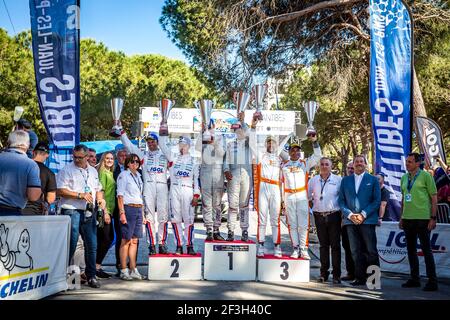 BOUFFIER Bryan et DINI Gilbert, team CPI ENJOLRAS, Huyndai I20 R5, BONATO Yoann et BOULLOUD Benjamin, team CHL SPORT AUTO, Citroën C3 R5, BASSO Giandomenico et LORENZO Granai, Hyundai i20 R5, podium ambiance pendant le championnat de rallye français 2018, rallye d'Azur d'Antibes du 18 au 20 mai France - photo Thomas Fenetre / DPPI Banque D'Images