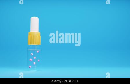 Rendu 3D des gouttes dans le nez et les oreilles avec écoulement nasal et douleur dans les oreilles dans un flacon en verre transparent et une pipette. Illustration d'un numérique Banque D'Images