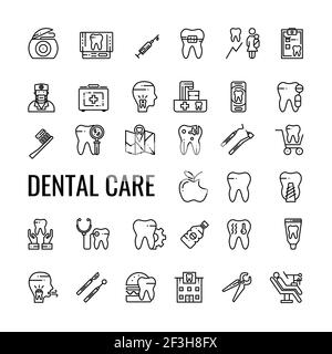 Ensemble d'icônes de contour des soins dentaires. Outils et dents de dentiste. Conception à isolation linéaire vectorielle. Illustration de Vecteur